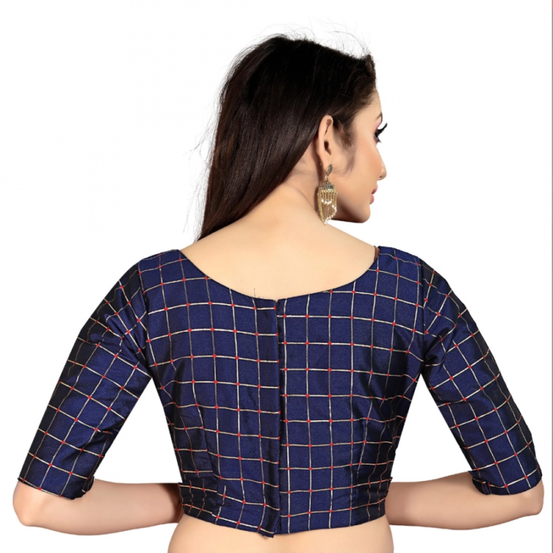 Generic Women's Brocade, Inner-Cotton Full Stitched Padded Blouse (Navy Blue ) - Image 2