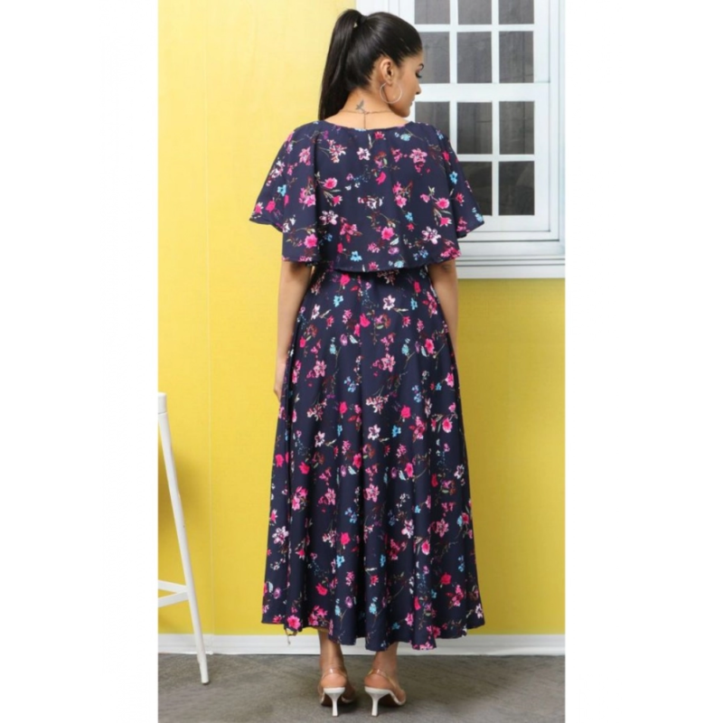 Generic Women's Crepe Floral Half Sleeves Full Length Gown(Dark Blue) - Image 5