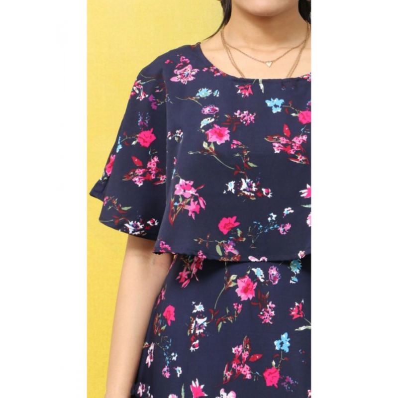 Generic Women's Crepe Floral Half Sleeves Full Length Gown(Dark Blue) - Image 2