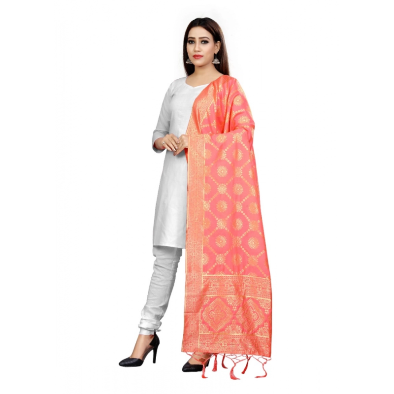 Generic Women's Banarasi Silk Floral Printed Dupatta (Peach, Length:2-2.4 mtr) - Image 3