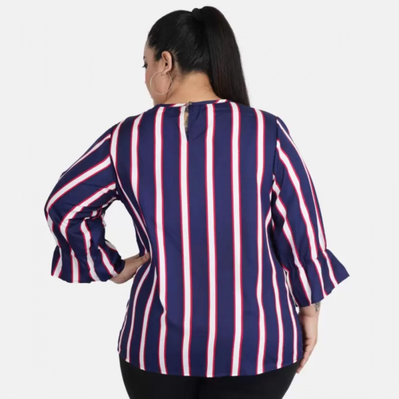 Generic Women's Casual Bell Sleeve Striped Blue Top (Color:Blue, Material:Crepe) - Image 5