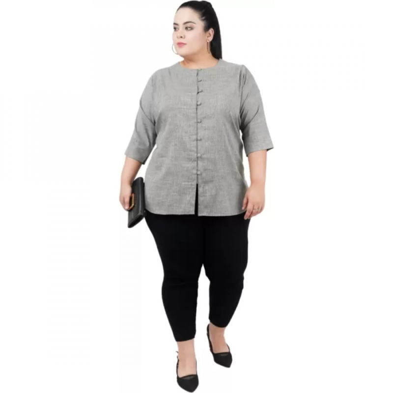 Generic Women's Casual Solid Grey Top (Color:Grey, Material:Cotton Linen Blend) - Image 2