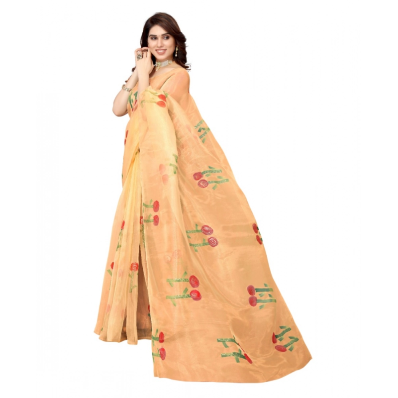 Generic Women's Organza Floral Pattern Sarees (Orange, 5-6 Mtrs) - Image 2
