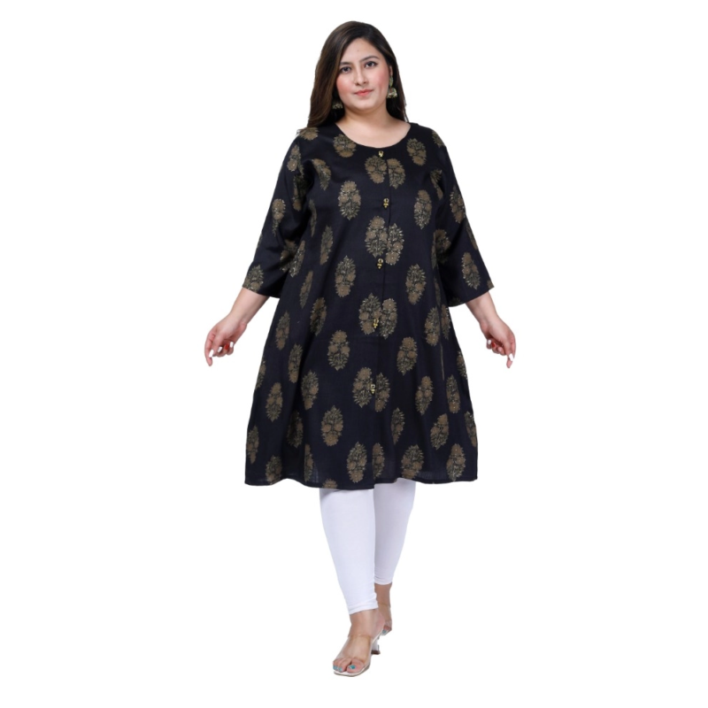 Generic Women's Office wear Golden Foil Capsule A-Line Kurti (Black) - Image 7