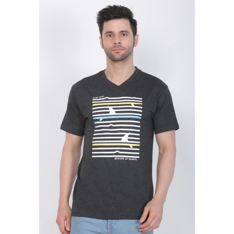 Generic Men's Cotton Jersey V Neck Printed Tshirt (Charcoal Melange) - Image 2