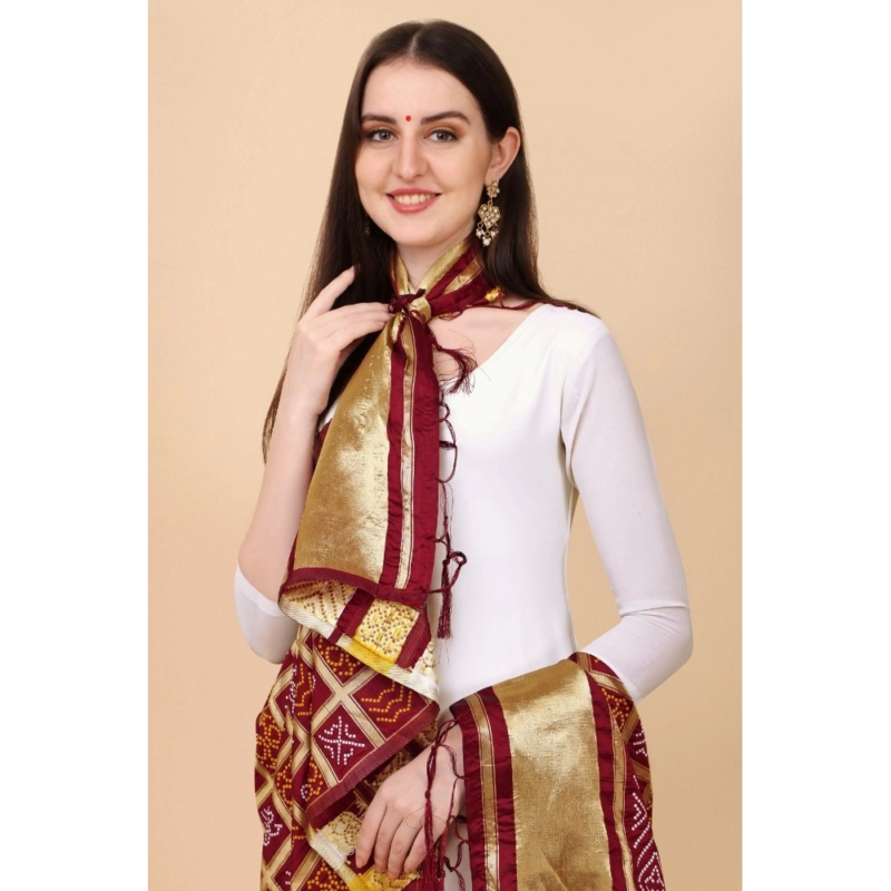 Generic Women's Silk Pure weaving Work Duppatta (Maroon, Length: 2-2.3 Mtrs) - Image 2