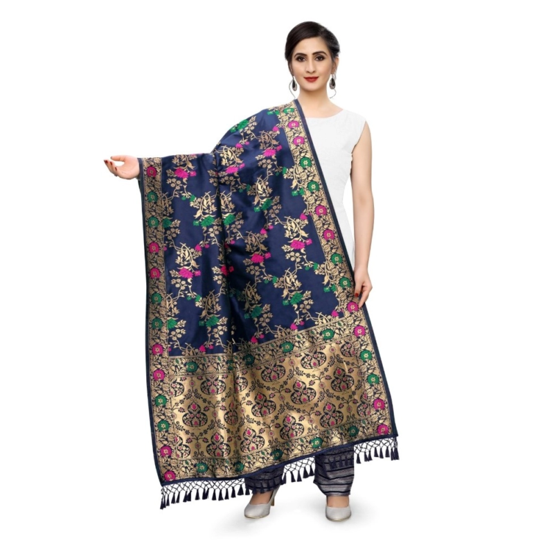 Generic Women's Silk Pure Zari weaving Duppatta (Navy Blue, Length: 2-2.3 Mtrs) - Image 3