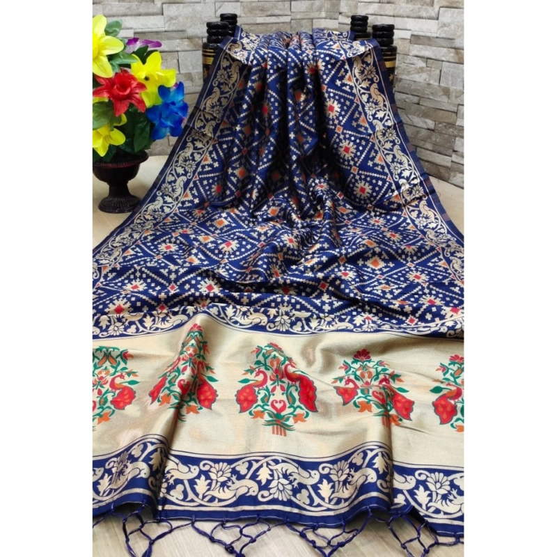 Generic Women's Silk Pure Zari weaving Duppatta (Navy Blue, Length: 2-2.3 Mtrs) - Image 2