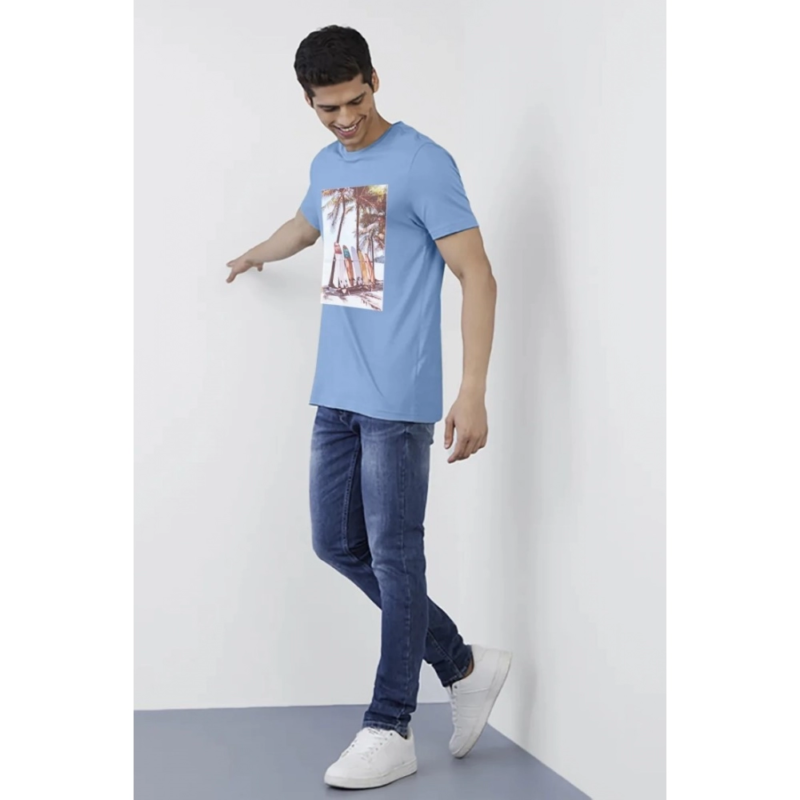Generic Men's?Casual Half sleeve Digital Printed Cotton Crew Neck T-shirt (Sky Blue) - Image 5
