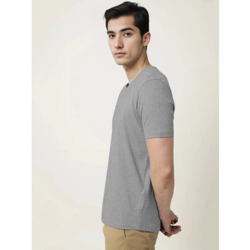 Generic Men's?Casual Half sleeve Solid?Cotton V Neck T-shirt (Grey Melange) - Image 4