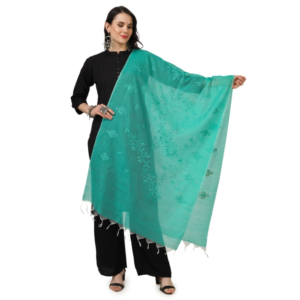 Generic Women's Cotton Embroidered Dupatta (Turquoise, Length:?2.25 to 2.50 Mtr)