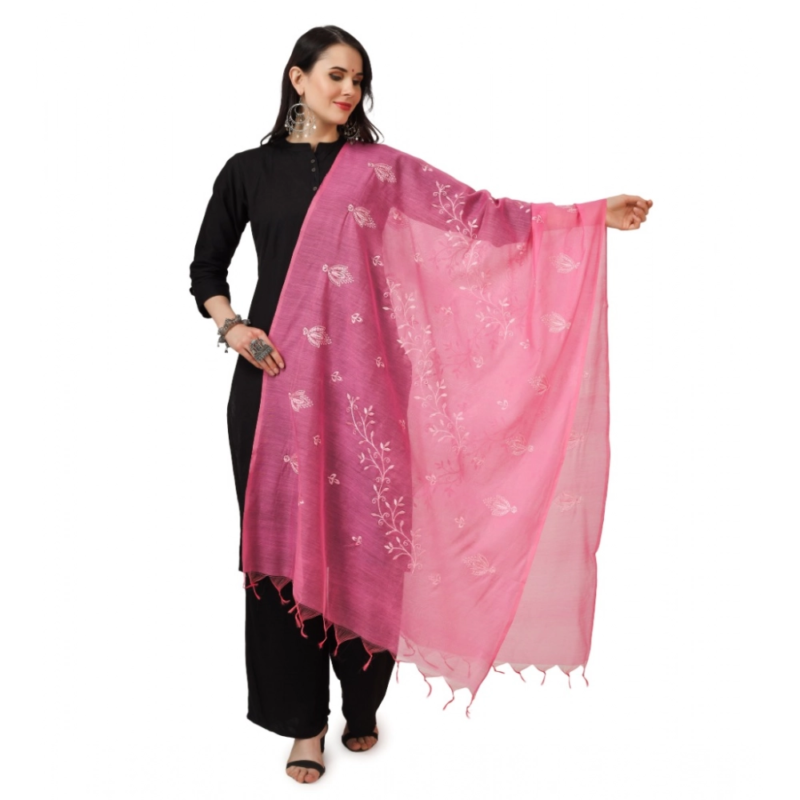 Generic Women's Cotton Embroidered Dupatta (Pink, Length:?2.25 to 2.50 Mtr)