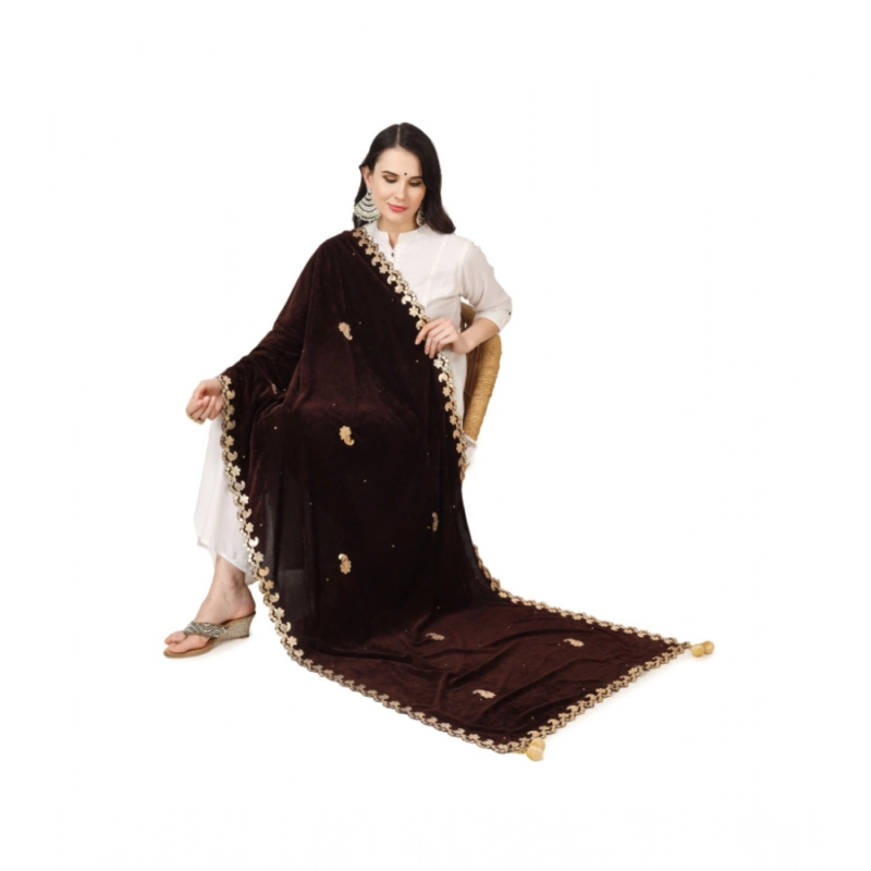 Generic Women's Velvet Gotta Patti Dupatta (Brown, Length:?2.25 to 2.50 Mtr) - Image 2