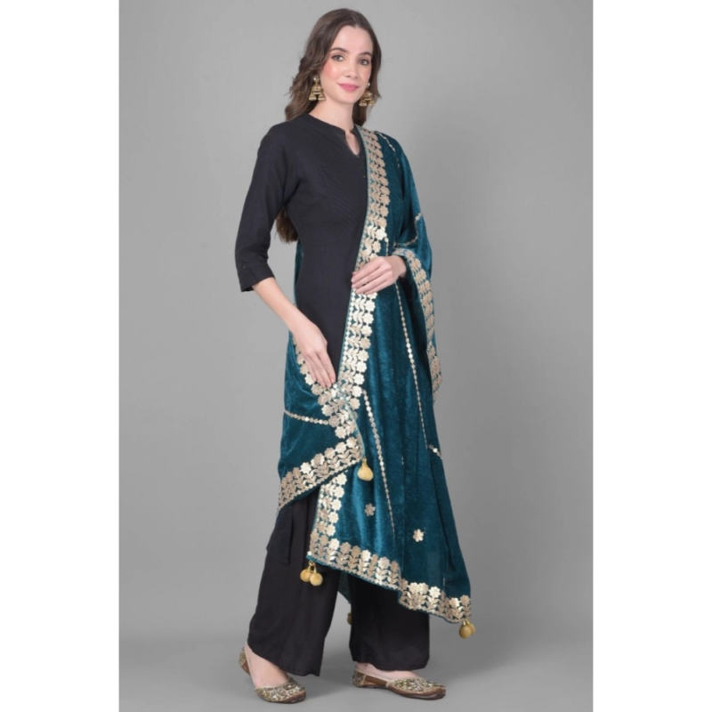 Generic Women's Velvet Gotta Patti Dupatta (Teal, Length:?2.25 to 2.50 Mtr) - Image 3