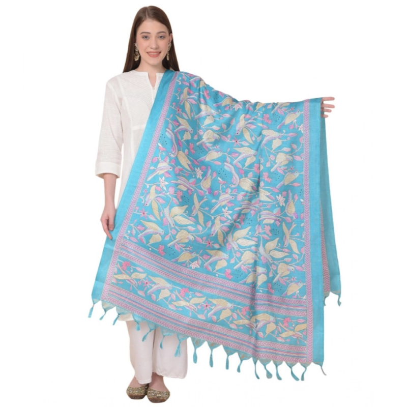 Generic Women's Art Silk Printed Dupatta (Turquoise, Length:?2.25 to 2.50 Mtr)