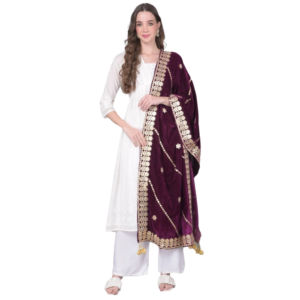 Generic Women's Velvet Gotta Patti Dupatta (Wine, Length:?2.25 to 2.50 Mtr)