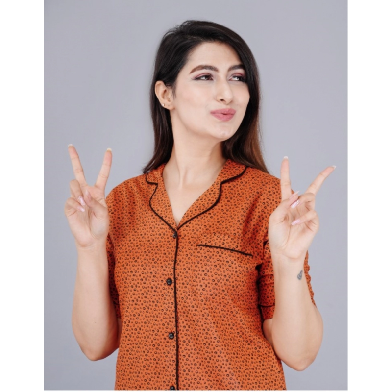 Generic Women's Casual Half Sleeve Printed Viscose Rayon Shirt With Pyjama Pant Night Suit Set (Brown) - Image 3