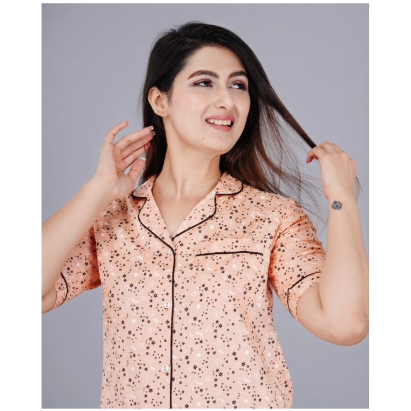 Generic Women's Casual Half Sleeve Printed Viscose Rayon Shirt With Pyjama Pant Night Suit Set (Peach) - Image 2