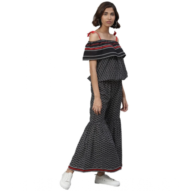 Generic Women's Casual shoulder sleeve Geomatrical Printed Cotton Dress (Black) - Image 4
