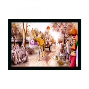 Generic Rajasthani Village Modern Art Painting with Synthetic Photo Frame (Multicolor)