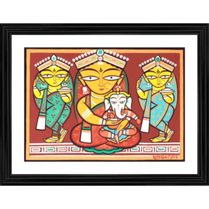 Generic Parvati Ganesh Painting With Wood Photo Frame (Multicolor)