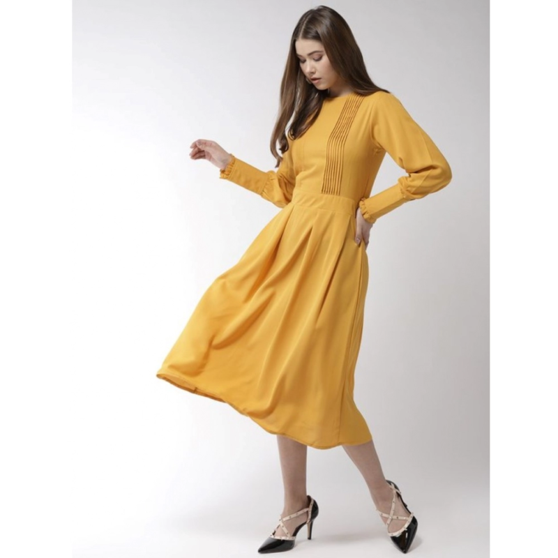 Generic Women's Polyester Pintuck Long Sleeves Below Knee Dress (Yellow) - Image 6