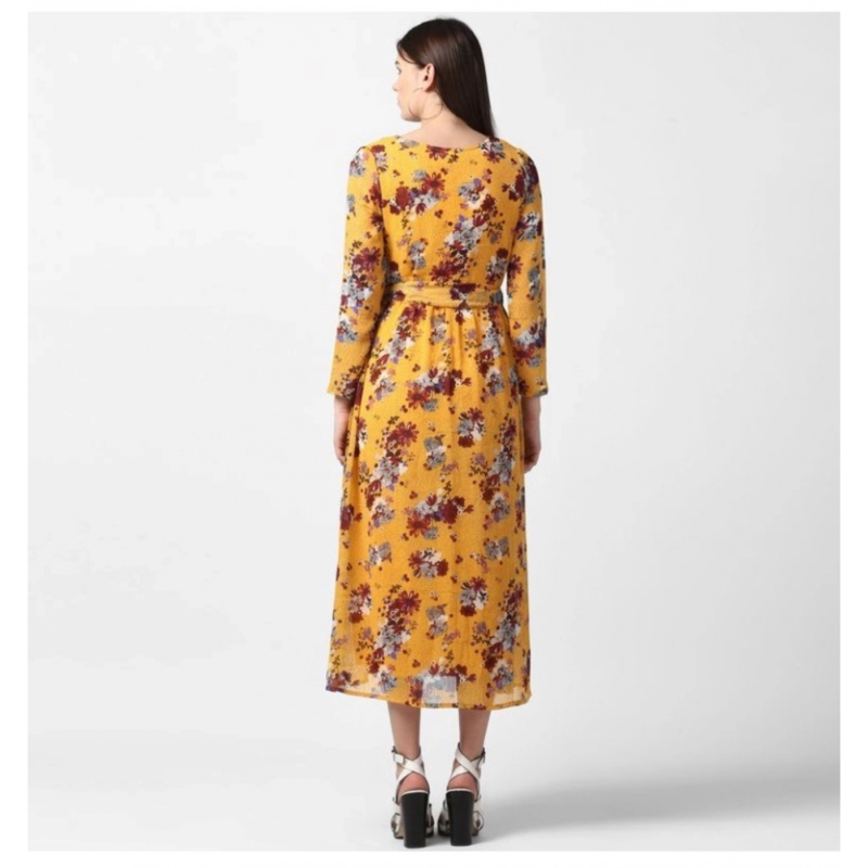 Generic Women's Polyester Floral Long Sleeves Calf-length Dress (Yellow) - Image 6