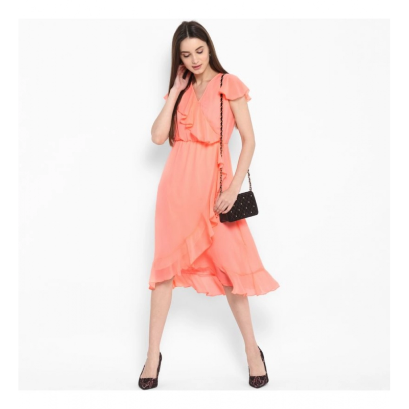 Generic Women's Polyester Ruffled Cap Sleeve Below Knee Dress (Neon Pink) - Image 6