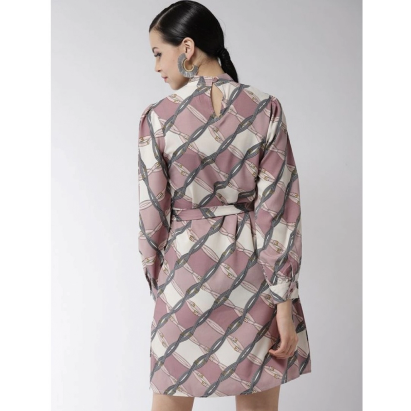 Generic Women's Polyester Checkered Long Sleeves Above Knee Dress (Off White - Lavender) - Image 6