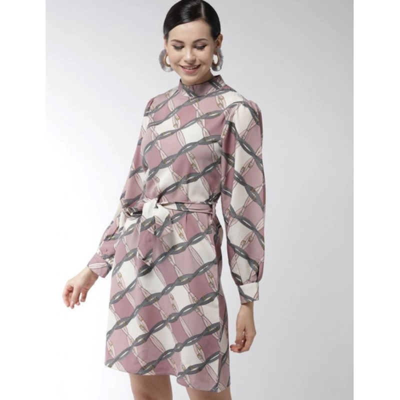 Generic Women's Polyester Checkered Long Sleeves Above Knee Dress (Off White - Lavender) - Image 3