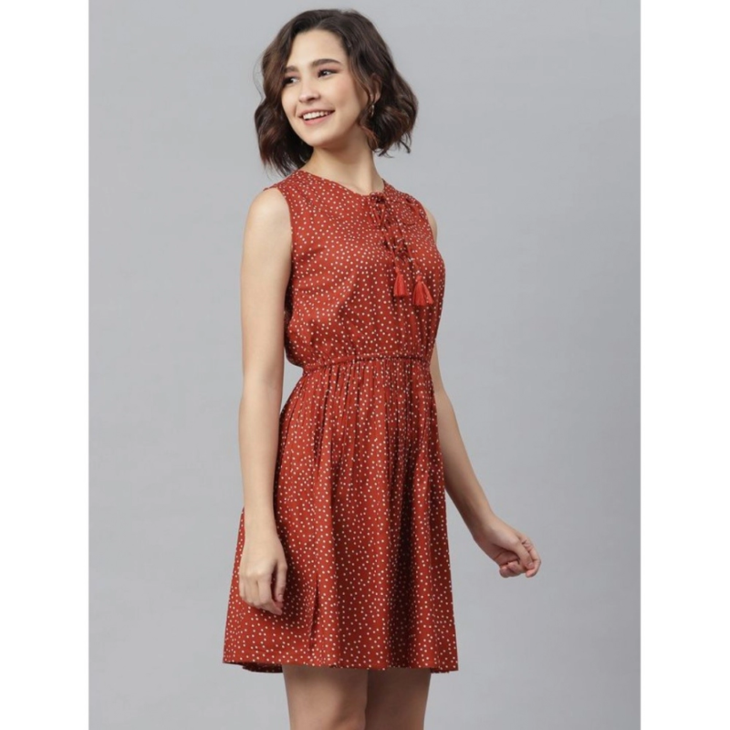 Generic Women's Rayon Polka Sleeveless Above Knee Dress (Rust) - Image 3