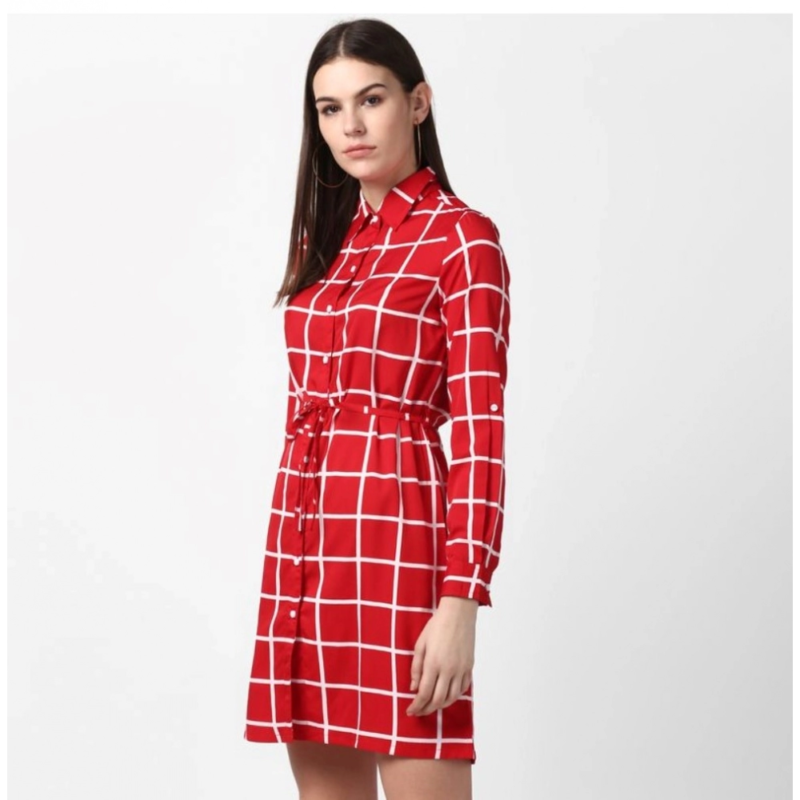 Generic Women's Polyester Checkered Long Sleeves Above Knee Dress (Red) - Image 3