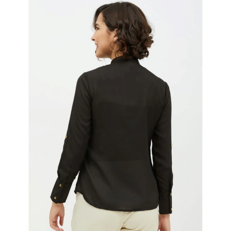 Generic Women's Polyester Ruffled Long Sleeves Standard Length Shirt (Black) - Image 7