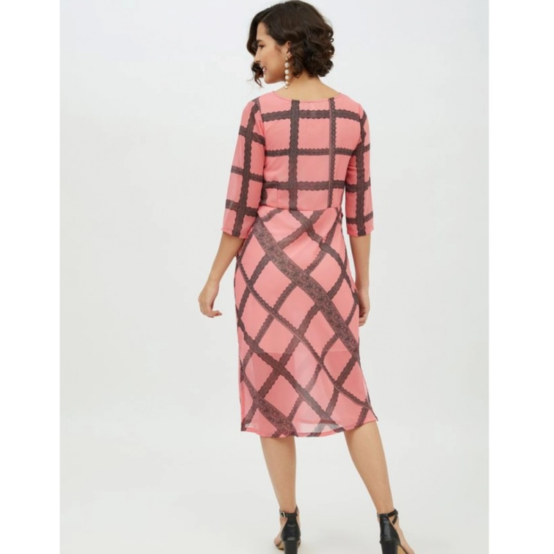 Generic Women's Polyester Checkered 3-4th Sleeves Below Knee Dress (Pink) - Image 7