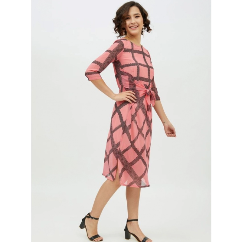 Generic Women's Polyester Checkered 3-4th Sleeves Below Knee Dress (Pink) - Image 4