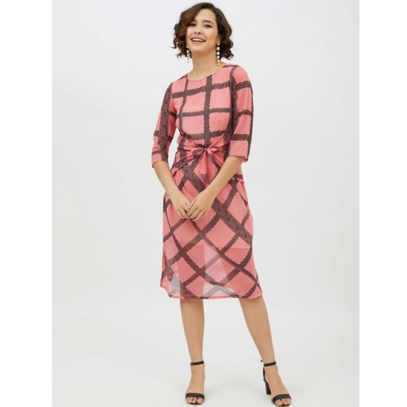 Generic Women's Polyester Checkered 3-4th Sleeves Below Knee Dress (Pink) - Image 6