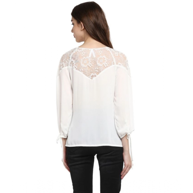 Generic Women's Polyester Georgette Self Design 3-4th Sleeves Regular Top (White) - Image 6