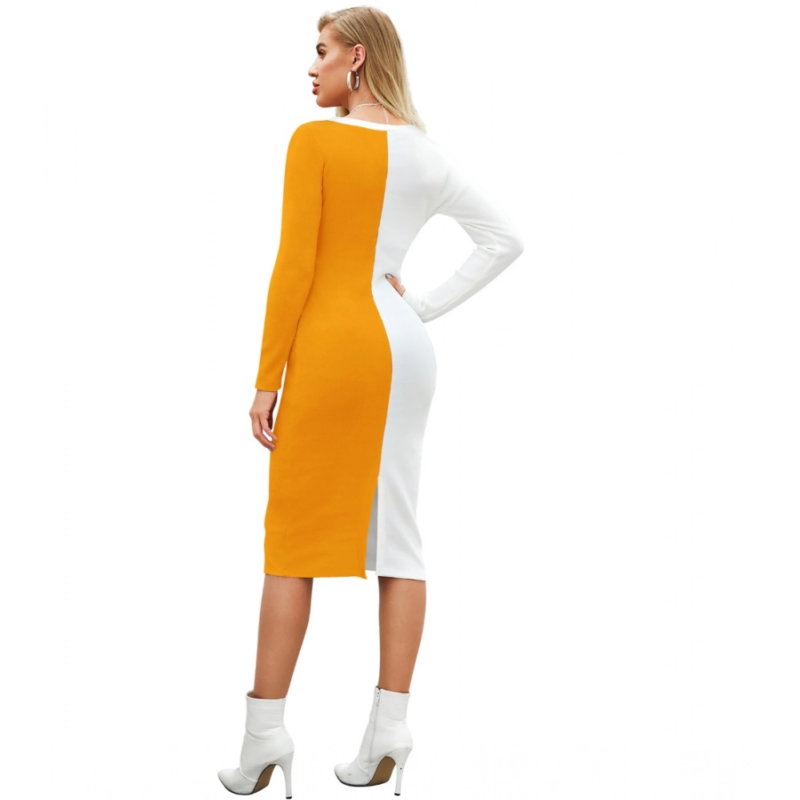 Generic Women's Knitting stretchable Solid Round Neck Full Sleeve Dress (Yellow) - Image 5