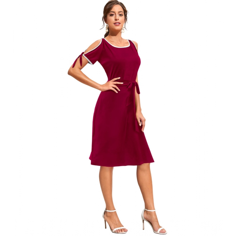 Generic Women's Knitting stretchable Solid Round Neck Sleeveless Dress (Maroon) - Image 4