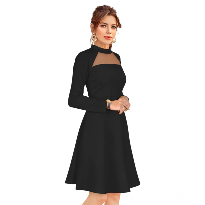 Generic Women's Knitting stretchable Solid Round Neck Full Sleeve Dress (Black) - Image 4
