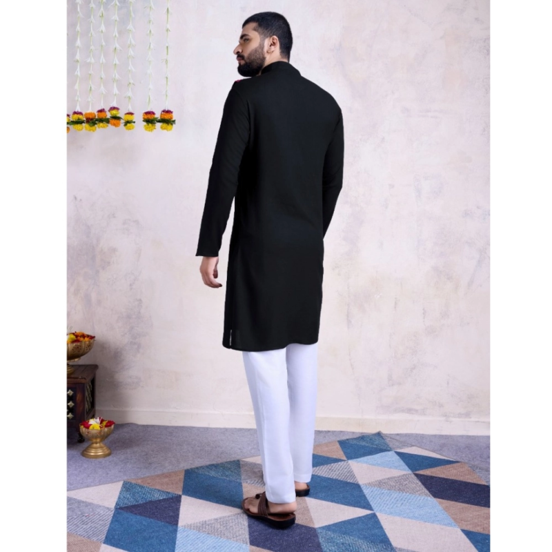 Generic Men's Rayon Mirror Embroidery Mandarin Collar Kurta (Black) - Image 2