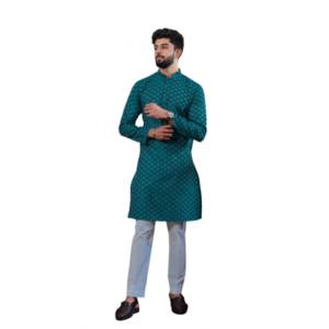 Generic Men's Casual Cotton Printed Full Sleeve Kurta Pyjama Set (Teal)