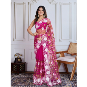 Generic Women's Soft Net Thread Embroidery Saree With Unstitched Blouse 5.5Mtr (Dark Pink)