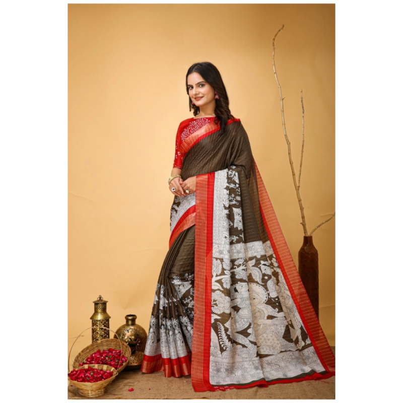 Generic Women's Soft Handloom Cotton Kalamkari Printed Saree With Unstitched Blouse 5.5Mtr (Brown) - Image 4