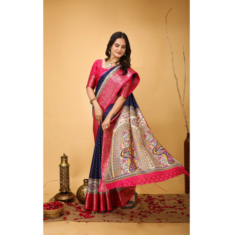 Generic Women's Soft Dola Cotton Kalamkari Printed Saree With Unstitched Blouse 5.5Mtr (Navy Blue) - Image 2