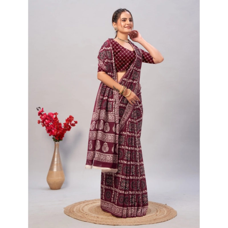 Generic Women's Cotton Ajrakh Printed Saree With Unstitched Blouse 5.5Mtr (Wine) - Image 3
