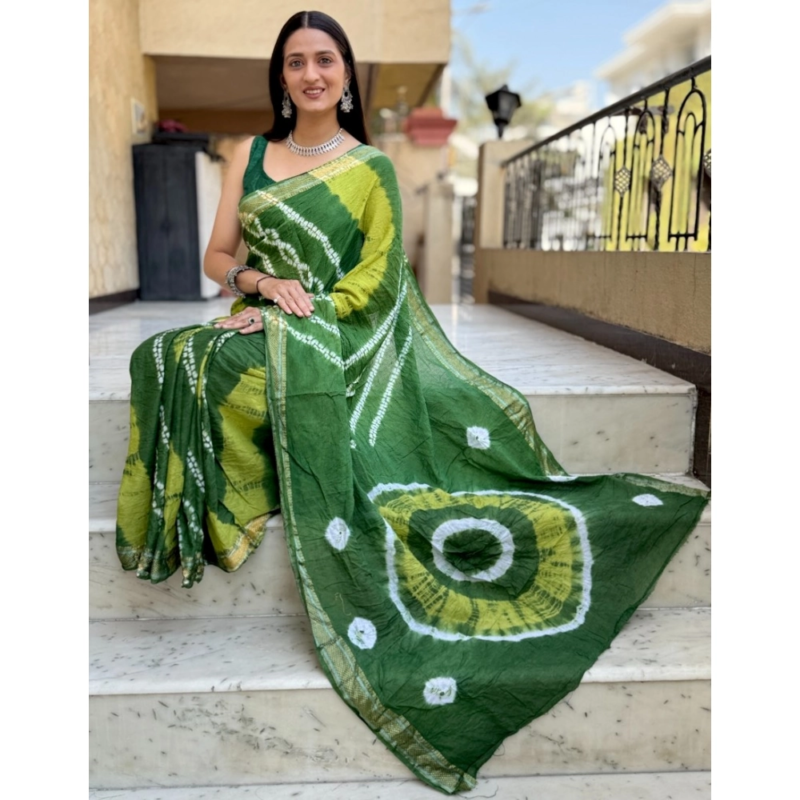 Generic Women's Cotton Shibori Printed Saree With Unstitched Blouse 5.5Mtr (Green) - Image 3
