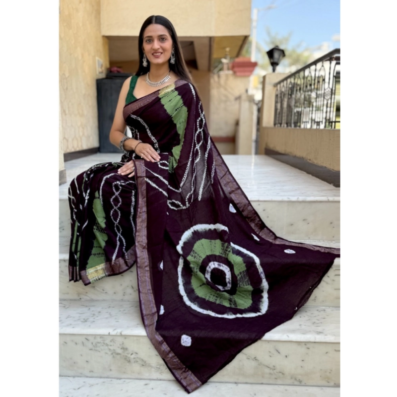 Generic Women's Cotton Shibori Printed Saree With Unstitched Blouse 5.5Mtr (Coffee) - Image 3