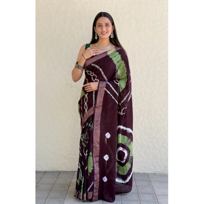 Generic Women's Cotton Shibori Printed Saree With Unstitched Blouse 5.5Mtr (Coffee)