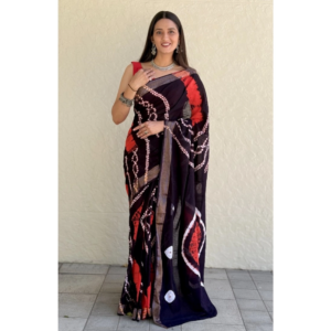 Generic Women's Cotton Shibori Printed Saree With Unstitched Blouse 5.5Mtr (Black)